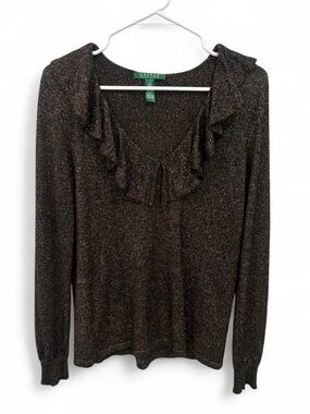 Lauren Ralph Lauren Black Gold Shimmer Ruffle Long Sleeve Blouse Large Stretch